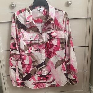 DKNY Pink and Brown Abstract Print Button-Up Blouse